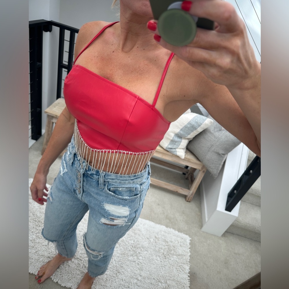 Trendy & Tipsy Red Rhinestone Fringe Crop Top Festival Going Out | NWT Size S - Picture 6 of 14